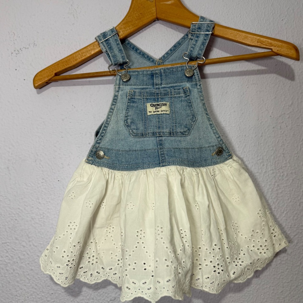 OshKosh Bgosh Overall DressBabyโ Girls Denim Eyelet Blue White 18M Cottagecore